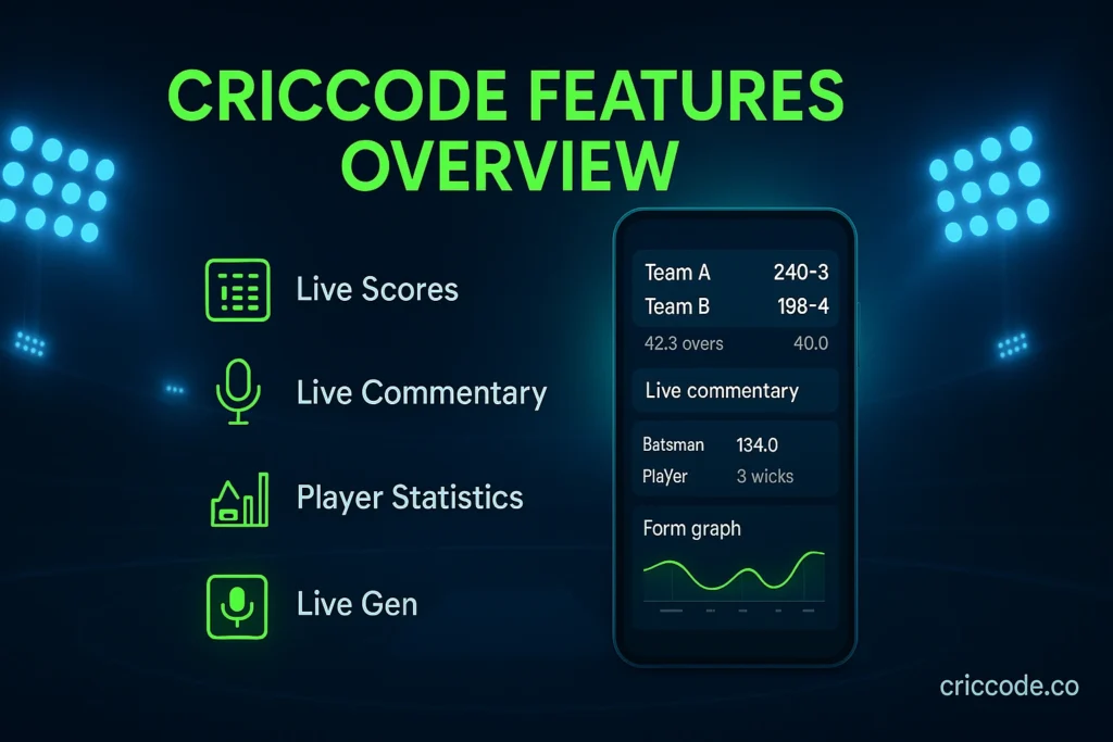 Criccode features including live scores, commentary, and player statistics